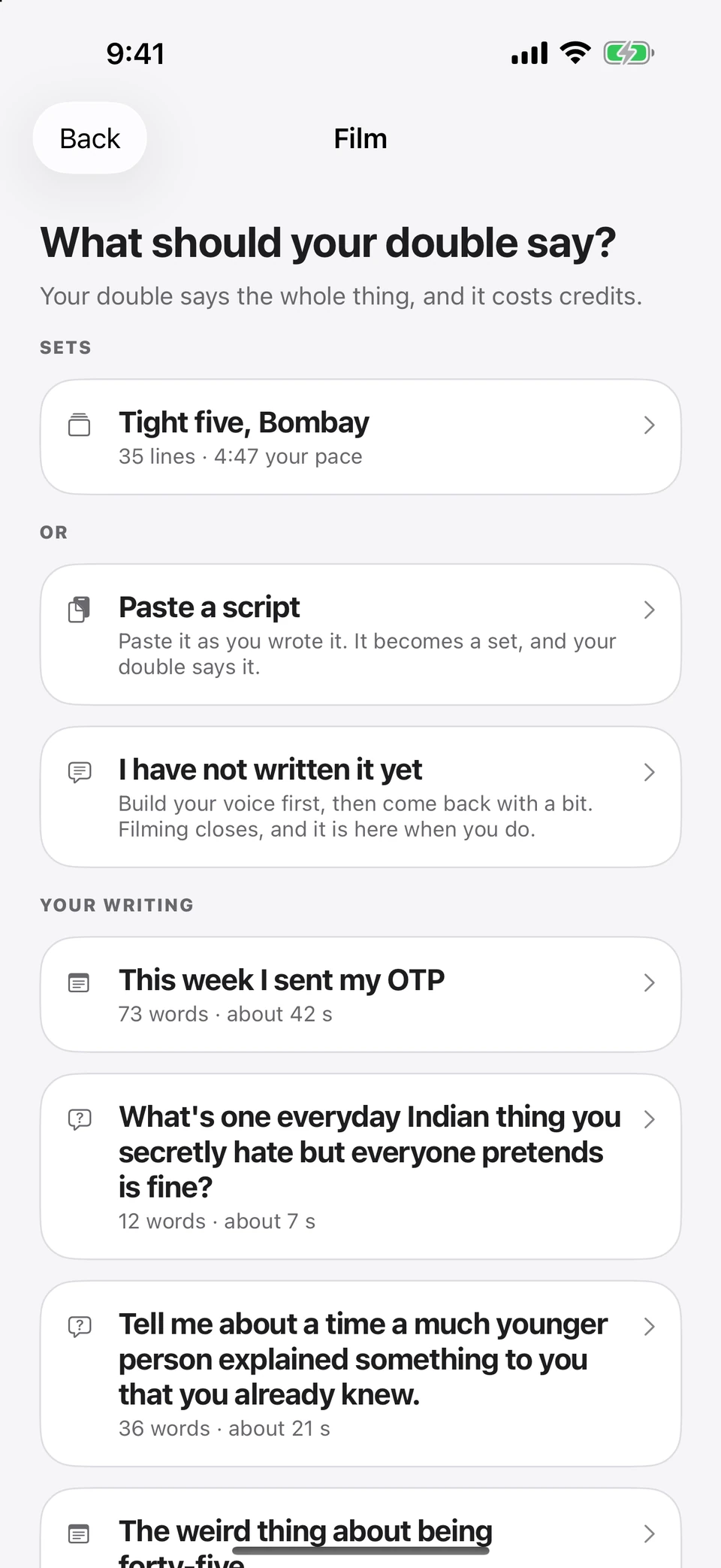 The double’s material picker can use your writing or a pasted script · sample library.