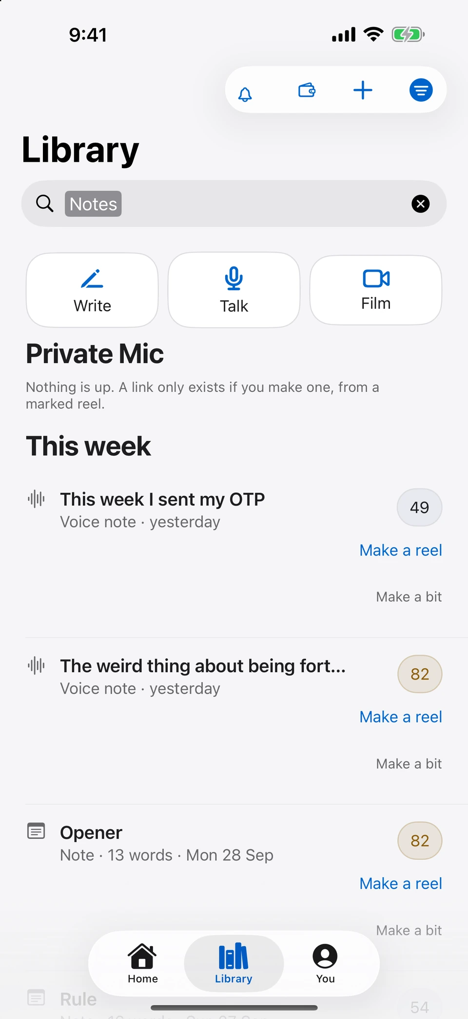 The current Library feed, filtered to Notes · sample material.