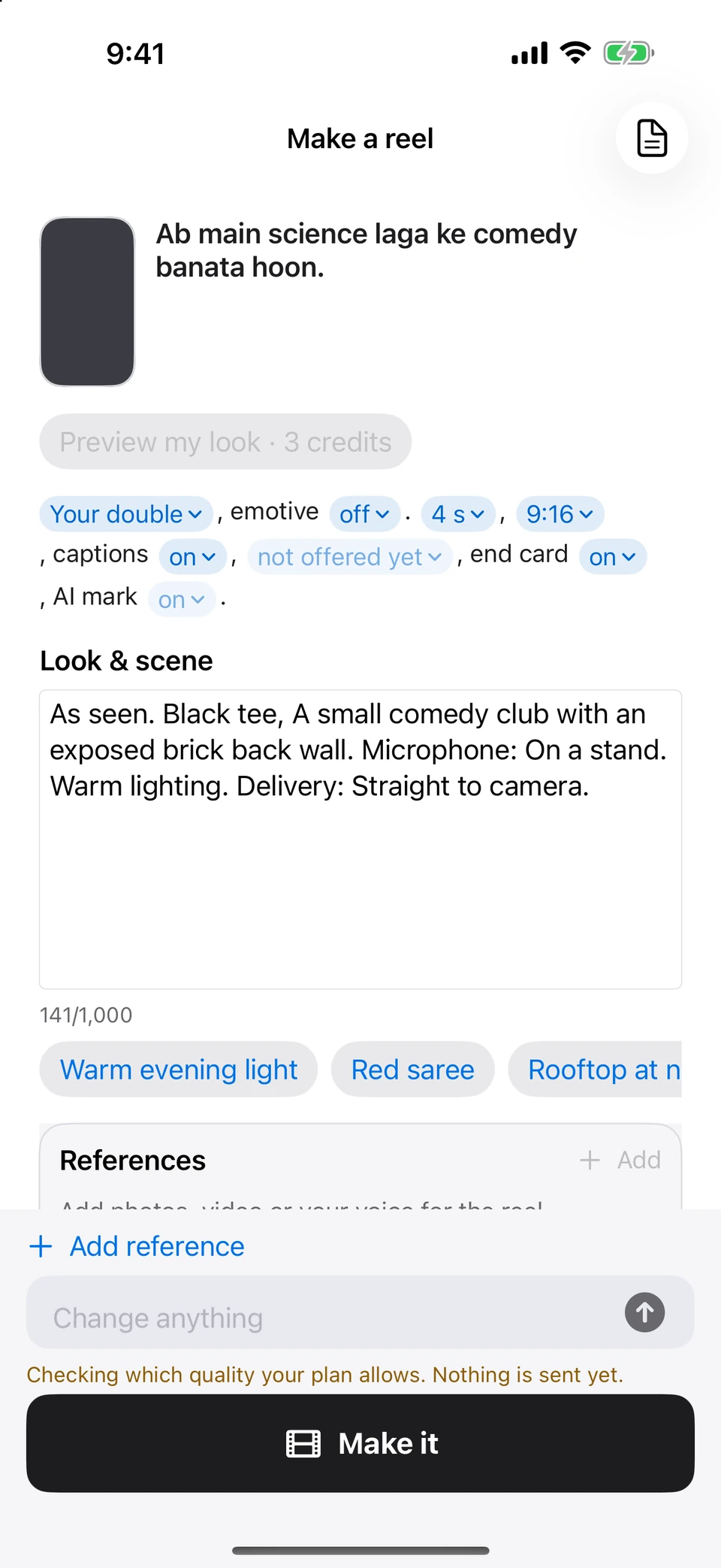The native reel Review screen with a sample draft